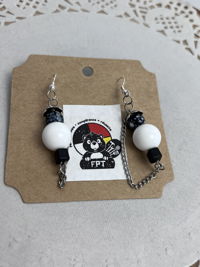 Boucle d'oreille,Chain-silver-beads-argent chaine-perle-blanche-noir – Image 8