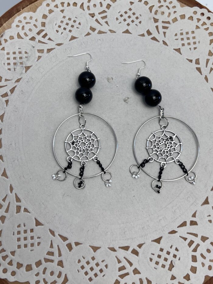 Boucles d'oreilles, perles, noires, capteur de rêve