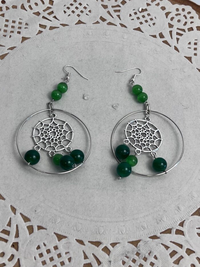 Boucles d'oreilles, capteur de rêve, perle, verte.